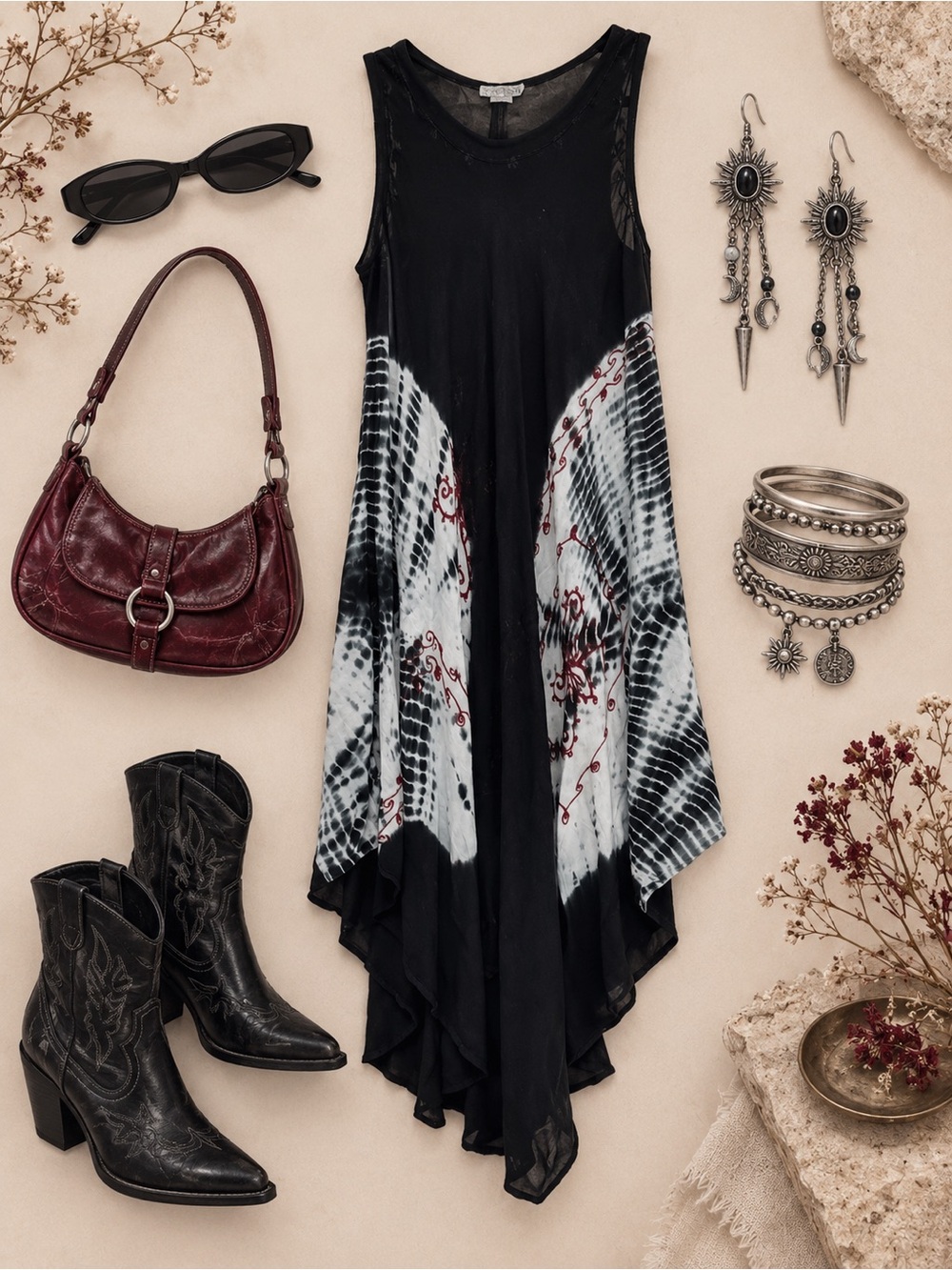 Boho Tie-Dye Handkerchief Hem Dress - Black/White
